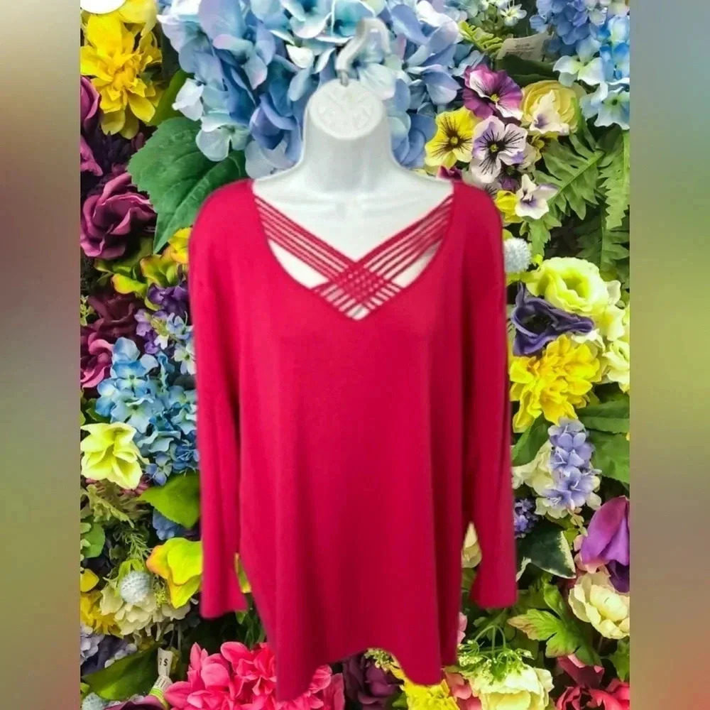 Finity Women’s 2X Pink Knit Popover Top Stretch Lattice Ribbed Colorful Feminine